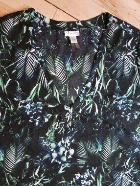 Dynamite Black Short Sleeve Sheer Top with Green Leaf Print